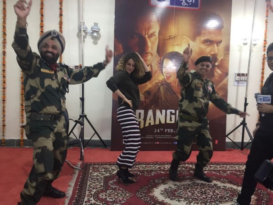 Kangana Ranaut has a warm, interactive, excitement-packed day with the BSF jawans in Jammu. She has been on a promotional spree for 'Rangoon,' a period drama set against the backdrop of World War II, with a lot of British influence in India at the time, the 1940s. The movie has a vintage feel to it. To keep this feeling alive in today's times, she departed from Mumbai in a classic vintage car. Kangana Ranaut,actress Kangana Ranaut,BSF Jawans,Jawans,Kangana Ranaut with BSF Jawans,Kangana Ranaut with Jawans,Kangana Ranaut latest pics,Kangana Ranaut latest images,Kangana Ranaut latest photos,Kangana Ranaut latest stills,Kangana Ranaut latest pictu