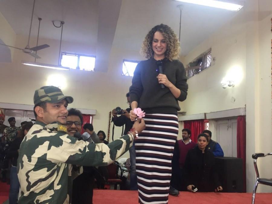 She then went to the Martyrs Memorial to pay her tribute to the brave-hearts who lost their lives while protecting our country. She also placed a wreath to honour and salute their courage and commitment. After paying her respects at the martyrs memorial, Kangana visits the BSF Wives Welfare Association (BWWA), which is a society for the welfare and development of women potential, where she had a warm interaction with the members of the society. She expressed her gratitude towards the wives who take care of the families and hold it together while the BSF Jawans are away. Kangana Ranaut,actress Kangana Ranaut,BSF Jawans,Jawans,Kangana Ranaut with BSF Jawans,Kangana Ranaut with Jawans,Kangana Ranaut latest pics,Kangana Ranaut latest images,Kangana Ranaut latest photos,Kangana Ranaut latest stills,Kangana Ranaut latest pictu