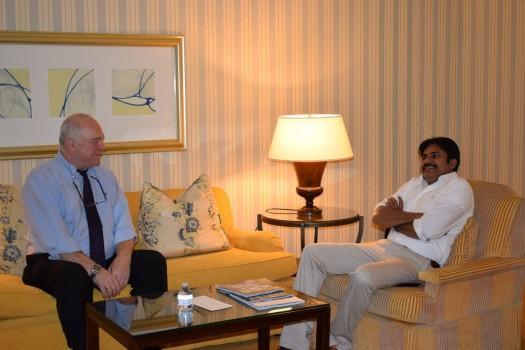International political strategist Steve Jarding met Jana Sena chief Pawan Kalyan at Hyderabad.
