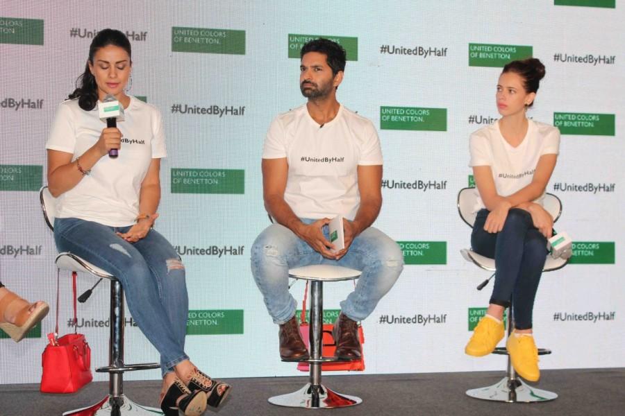 Bollywood actors Gul Panag and Kalki Koechlin during the launch of #UnitedByHalf campaign by United Colors of Benetton in Mumbai, India on February 10, 2017. The campaign will be committed towards gender inequalities and women empowerment. Kalki Koechlin and Gul Panag,Kalki Koechlin,Gul Panag,#UnitedByHalf Campaign,#UnitedByHalf,United Colors of Benetton