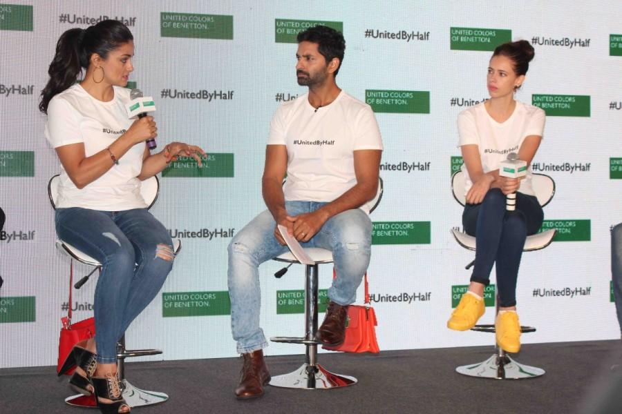 Bollywood actors Gul Panag and Kalki Koechlin during the launch of #UnitedByHalf campaign by United Colors of Benetton in Mumbai, India on February 10, 2017. The campaign will be committed towards gender inequalities and women empowerment. Kalki Koechlin and Gul Panag,Kalki Koechlin,Gul Panag,#UnitedByHalf Campaign,#UnitedByHalf,United Colors of Benetton