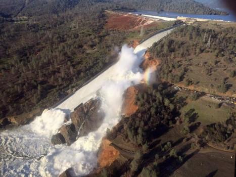 A damaged spillway with eroded hillside is seen in an aerial photo taken over the Oroville Dam in Oroville, California.