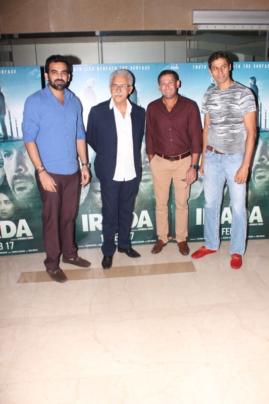 Bollywood actor Naseeruddin Shah, Former Indian cricket player Zaheer Khan, Ajit Agarkar and Ashish Nehra spotted during the special screening of film Irada in Mumbai on February 16, 2017. Irada,Irada special screening,Divya Dutta,Aparna Singh,Naseeruddin Shah,Sridevi,Tisca Chopra,singer Shaan,singer Alka Yagnik,Yuvraj Singh,Parthiv Patel,Irada special screening pics,Irada special screening images,Irada special screening phoots