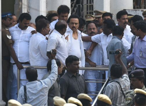 Tamil Nadu assembly: Stalin's shirt torn. Stalin,DMK,MK Stalin,Stalin shirt,Tamil Nadu assembly