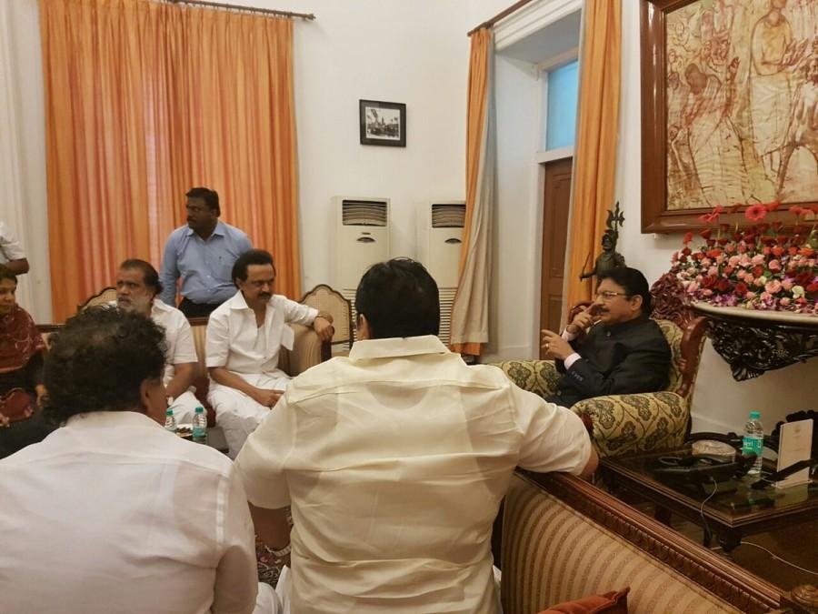 DMK Working President M.K. Stalin on Saturday met Tamil Nadu Governor C. Vidyasagar Rao and complain about the happenings in the state assembly. The DMK leader said he sat in protest inside the assembly to press his demand. Stalin alleged he was forcibly evicted by the marshals and his shirt was damaged. M.K. Stalin,Stalin,Vidyasagar Rao,Governor C. Vidyasagar Rao,Tamil Nadu,Palaniswami