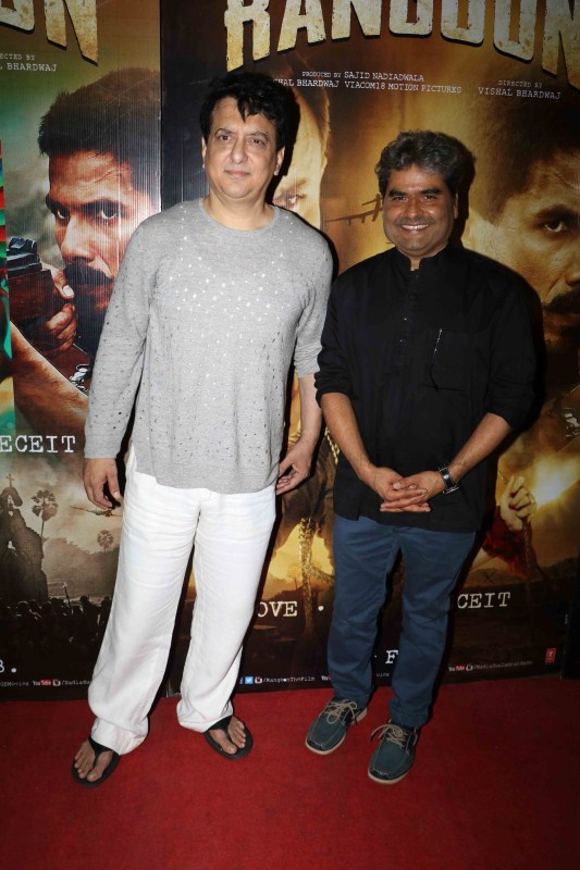 Sajid Nadiadwala and Vishal Bhardwaj at Rangoon special screening. Saif Ali Khan,Shahid Kapoor,Kangana Ranaut's Rangoon was a star-studded affair. Bollywood stars like Kareena Kapoor Khan,Mohammed Morani,Lucky Morani,Sajid Nadiadwala,Vishal Bhardwaj,Wardha Khan,Lucky Morani