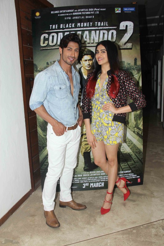 Bollywood actors Vidyut Jamwal and Adah Sharma during a media interaction of film Commando 2: The Black Money Trail, in Mumbai on February 20, 2017. Vidyut Jamwal and Adah Sharma,Vidyut Jamwal,Adah Sharma,Commando 2,Commando 2: The Black Money Trail,Vidyut Jamwal and Adah Sharma pics,Vidyut Jamwal and Adah Sharma images,Vidyut Jamwal and Adah Sharma photos,Vidyut Jamwal and Adah Sharma stills