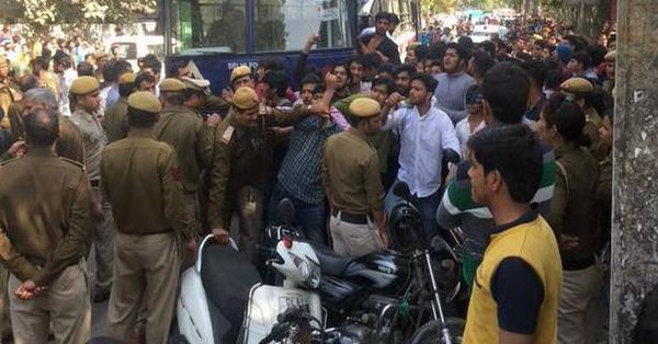 Clashes erupted between two student groups outside Ramjas College here on Wednesday, a day after the ABVP forced the suspension of an event to be addressed by JNU student Umar Khalid, jailed last year for allegedly shouting anti-national slogans. Ramjas students had planned a march to the nearby Maurice Nagar Police Station demanding action against the activists of the RSS-affiliated ABVP but were stopped by ABVP activists who surrounded the college. Ramjas College,ABVP ruckus,ABVP,Clashes erupted,student group,JNU student Umar Khalid,JNU student,Umar Khalid