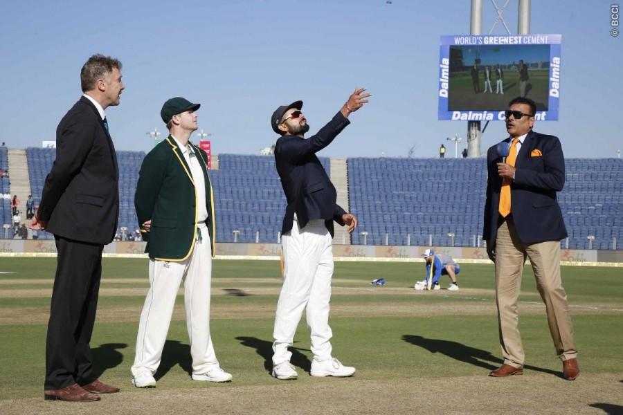 Australian skipper Steven Smith won the toss and elected to bat against India in the opening match of their four-match Test cricket series here on Friday. Steven Smith,Virat Kohli,Australia wins toss,Australia vs India,India vs Australia,Murali Vijay,Lokesh Rahul,Cheteshwar Pujara,Ajinkya Rahane,Wriddhiman Saha,David Warner,Matt Renshaw,Shaun Marsh,Peter Handscomb,Mitchell Marsh