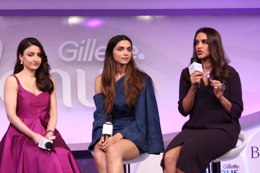 Bollywood actors Deepika Padukone, Neha Sharma & Soha Ali Khan at Gillette Venus launch in Mumbai on February 23, 2017. Deepika Padukone,Neha Sharma,Soha Ali Khan,Gillette Venus launch,Gillette Venus launch pics,Gillette Venus launch images,Gillette Venus launch phoots,Gillette Venus launch stills,Gillette Venus launch pictures