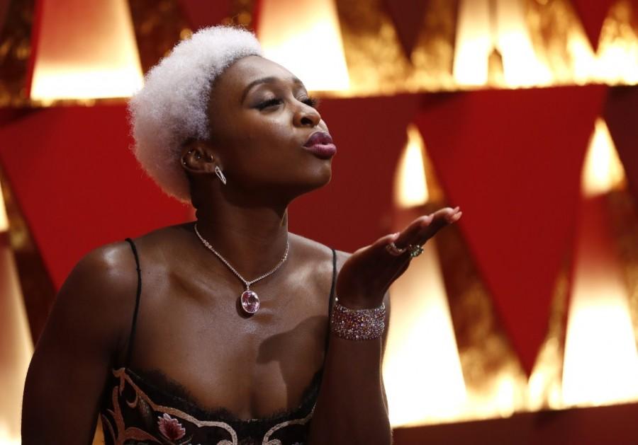 Cynthia Erivo poses on the red carpet. Jessica Biel,Taraji P. Henson,Matt Damon,Dakota Johnson,John Legend,Cynthia Erivo,Felicity Jones,Karlie Kloss,Luciana Barroso,Oscars 2017 red carpet,Oscars 2017,89th Academy Awards,89th Academy Awards red carpet