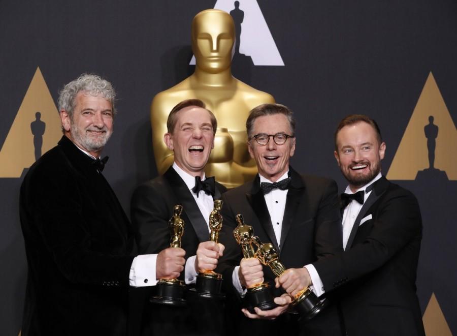 Kevin O'Connell, Andy Wright, Robert Mackenzie and Peter Grace, winners of best sound mixing for Hacksaw Ridge pose with their oscars. Viola Davis,Sylvain Bellemare,Mahershala Ali,Oscar 2017 winners,Oscar 2017,Oscar 2017 winners pics,Oscar 2017 winners images,Oscar 2017 winners photos,Oscar 2017 winners stills,Oscar 2017 winners pictures