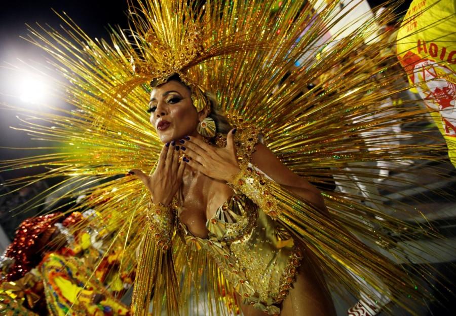 A reveler parades for the Tom Maior samba school during Carnival in Sao Paulo. Brazil,Brazil Carnival,Brazil Carnival 2017,samba parade,block parties,Rio De Janeiro,Sao Paulo,Carnival 2017,Carnival pics,Carnival images,Carnival photos,Carnival stills,Carnival pictures