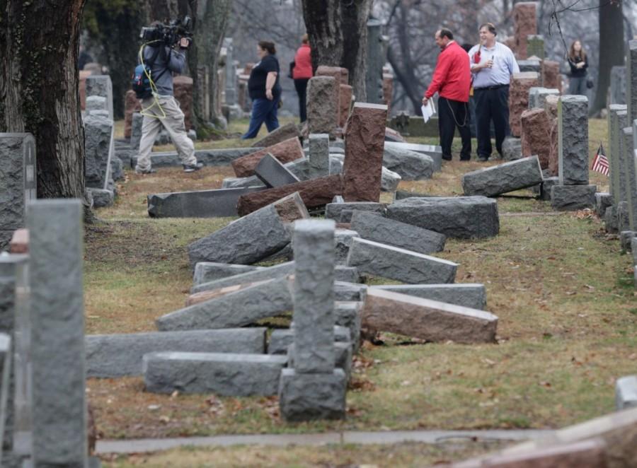 The apparent vandalism came about a week after about 170 headstones were damaged at Chesed Shel Emeth Cemetery in University City, a suburb of St Louis, Missouri. Jewish cemetery,Jewish cemetery vandalized,Jewish vandalized,Philadelphia,Jewish cemetery in St. Louis,St. Louis