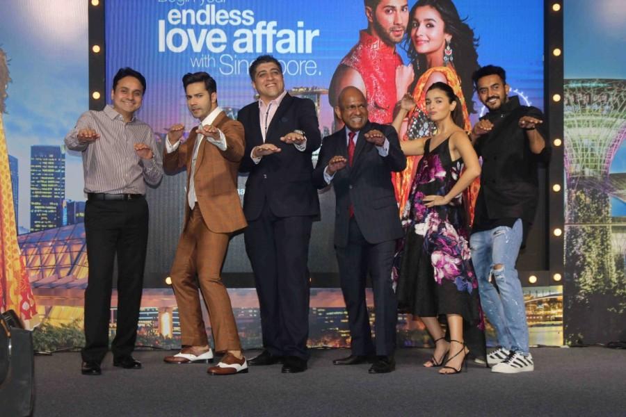 Bollywood actors Varun Dhawan and Alia Bhatt spotted during the press conference of Singapore Tourism Board to promote film Badrinath Ki Dulhania in Mumbai on February 27, 2017. Varun Dhawan and Alia Bhatt,Varun Dhawan,Alia Bhatt,Badrinath Ki Dulhania,Badrinath Ki Dulhania promotion,Badrinath Ki Dulhania movie promotion