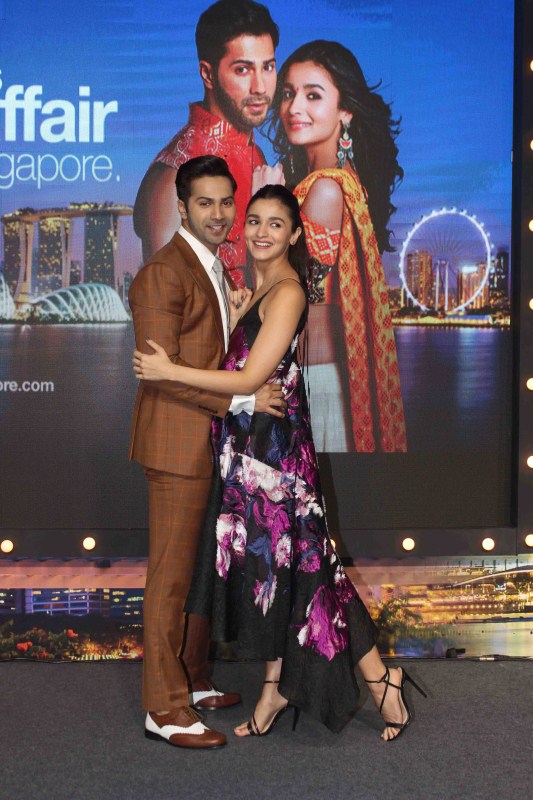 Bollywood actors Varun Dhawan and Alia Bhatt spotted during the press conference of Singapore Tourism Board to promote film Badrinath Ki Dulhania in Mumbai on February 27, 2017. Varun Dhawan and Alia Bhatt,Varun Dhawan,Alia Bhatt,Badrinath Ki Dulhania,Badrinath Ki Dulhania promotion,Badrinath Ki Dulhania movie promotion
