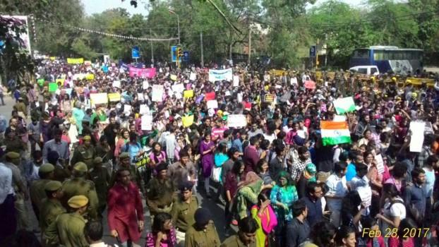 A large number of students on Tuesday protested in Delhi University against the ABVP after it was accused of attacking students, lecturers and journalists in the campus. The students massed outside the Khalsa College shouting slogans against the Akhil Bharatiya Vidyarthi Parishad and Delhi Police over the February 21-22 disturbances in the university campus.