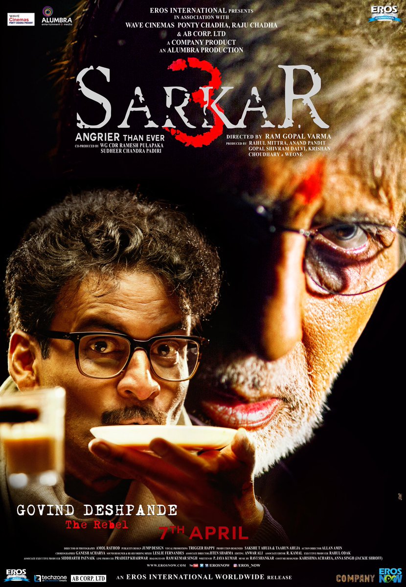 Presented by Eros International and produced by Allumbra Entertainment, Wave Cinemas and AB Corp, "Sarkar 3" is the third film in Varma's "Sarkar" series. Amitabh Bachchan,Jackie Shroff,Sarkar 3,Sarkar 3 first look,Sarkar 3 first look poster,Sarkar 3 poster,Sarkar 3 movie poster,Sarkar 3 pics,Sarkar 3 images,Sarkar 3 photos,Sarkar 3 stills,Sarkar 3 pictures