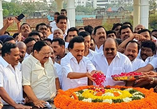 DMK party's Working President M.K. Stalin visits Jayalalithaa Memorial on his 65th birthday.