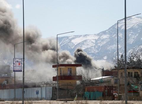 Smoke rises from the site of a blast and gunfire between Taliban and Afghan forces in PD 6 in Kabul, Afghanistan.