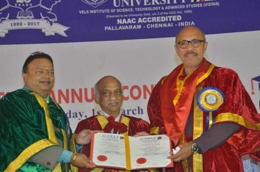 South Indian actor Sathyaraj receives doctorate from Vels University.