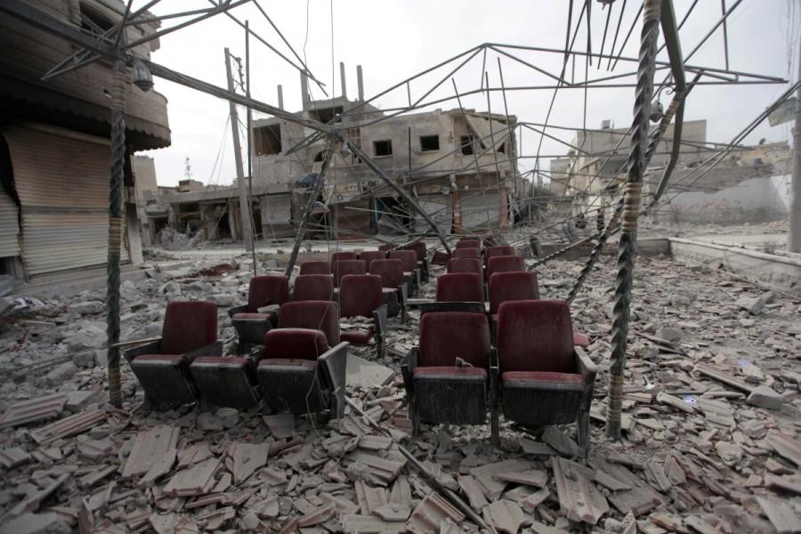 Damaged seats are pictured amidst rubble of buildings in the northern Syrian town of al-Bab, Syria February 28, 2017. Syria,Al-Bab after Islamic State,Islamic State,Syrian city,Islamic State militants,Turkish-backed rebels