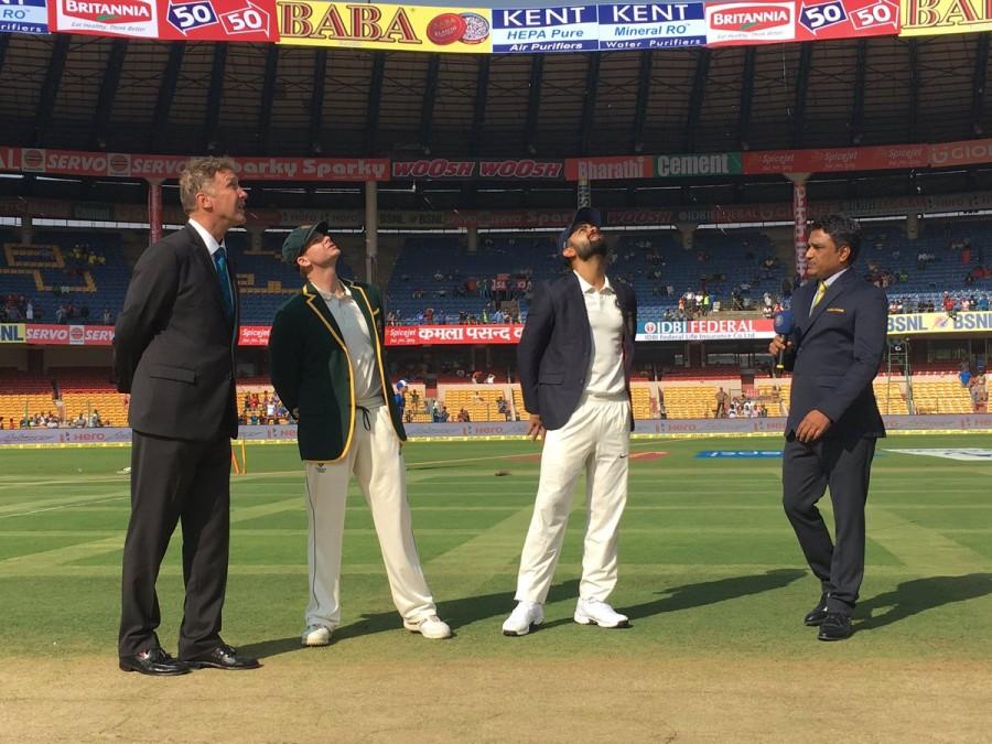 Indian skipper Virat Kohli won the toss and elected to bat in the second cricket Test against Australia at the M. Chinnaswamy Stadium here on Saturday. After winning the opening Test in Pune by a mammoth 333-run margin, Australia on Friday announced they will go in with an unchanged squad. Virat Kohli,India elects to bat,India vs Australia,india vs australia test series 2017,india vs australia test series,india vs australia live,india vs australia 2017,India vs Australia second Test