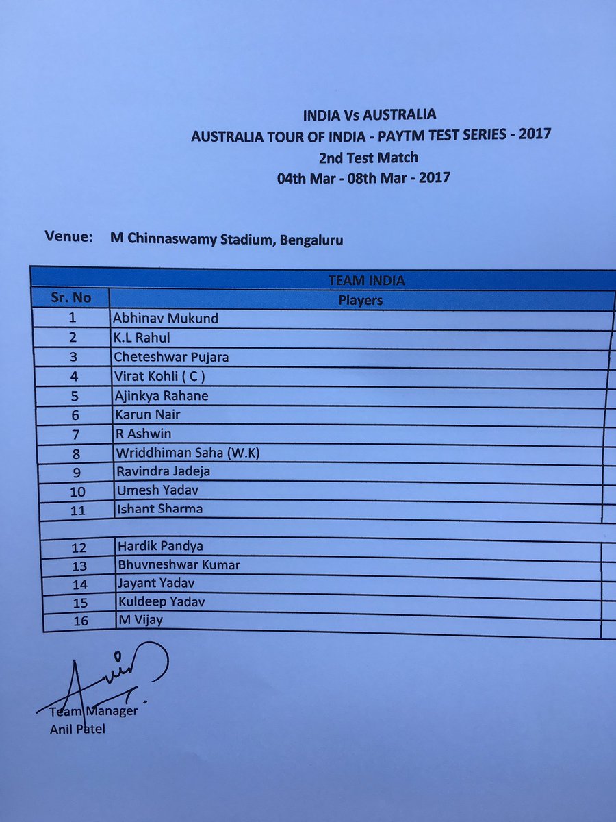 India Team: Abhinav Mukund, Lokesh Rahul, Cheteshwar Pujara, Virat Kohli (Captain), Ajinkya Rahane, Wriddhiman Saha (WK), Ravichandran Ashwin, Ravindra Jadeja, Karun Nair, Umesh Yadav, Ishant Sharma. Virat Kohli,India elects to bat,India vs Australia,india vs australia test series 2017,india vs australia test series,india vs australia live,india vs australia 2017,India vs Australia second Test