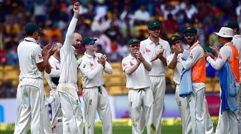 Fast bowler Mitchell Starc and left-arm spinner Steve O'Keefe also bagged a wicket each as the hosts were bundled out for a meagre 189 in their first innings. Resuming after the tea break at 168/5, India lost the remaining five wickets to Lyon in a span of just 21 runs on a wicket that had good bounce for the batsmen. Opener Lokesh Rahul was the lone batsman to offer some kind of resistance as the Indians succumbed to the Australian spinners for the third consecutive time in the series. Nathan Lyon,Off-spinner Nathan Lyon,M. Chinnaswamy Stadium,India vs Australia,India vs Australia 2017,india vs australia test series 2017,india vs australia 2017,Nathan Lyon pics,Nathan Lyon images,Nathan Lyon photos,Nathan Lyon stills,Nathan Lyon picture