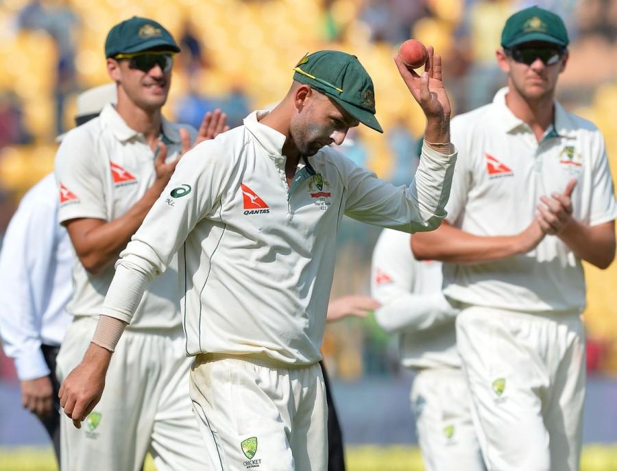 Rahul waged a lonely battle even as wickets kept falling at regular intervals at the other end. He scored 90 runs off 205 balls with nine boundaries before finally falling to Lyon at the fag end of the Indian innings. Australia reached 40 for no loss to trail India by 149 runs at stumps. Openers David Warner (23 batting) and Matt Renshaw (15 batting) survived a few close calls from off-spinner Ravichandran Ashwin to head back undefeated when the umpires dislodged the bails for the day. Nathan Lyon,Off-spinner Nathan Lyon,M. Chinnaswamy Stadium,India vs Australia,India vs Australia 2017,india vs australia test series 2017,india vs australia 2017,Nathan Lyon pics,Nathan Lyon images,Nathan Lyon photos,Nathan Lyon stills,Nathan Lyon picture