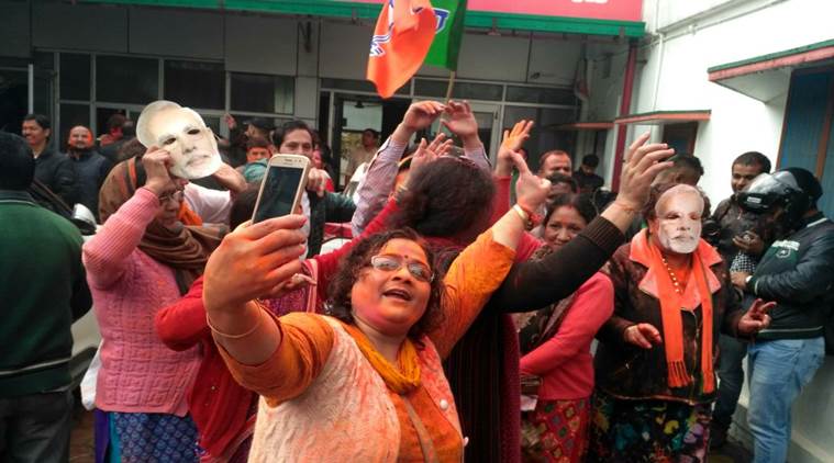 Uttarakhand elections: Holi celebrations outside BJP's office in Uttarakhand. Uttarakhand elections,Uttarakhand elections 2017,Uttarakhand,BJP Uttarakhand,Holi celebrations outside BJP,BJP celebrates Uttarakhand victory,BJP Uttarakhand victory
