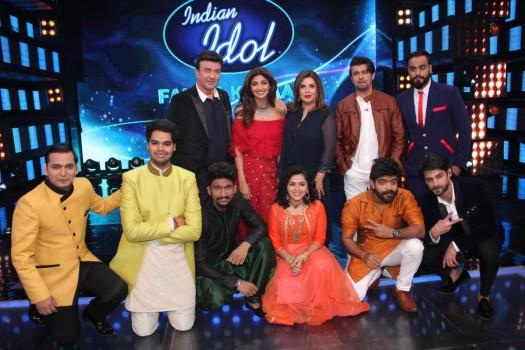 Bollywood actress Shilpa Shetty on the sets of Indian Idol season 9 with Anu Malik, Farah Khan and Sonu Nigam in Mumbai on March 14, 2017.
