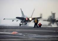 A U.S. Navy F18 fighter jet takes off from the deck of U.S. aircraft carrier USS Carl Vinson during an annual joint military exercise called "Foal Eagle" between South Korea and U.S., in the East Sea, South Korea.