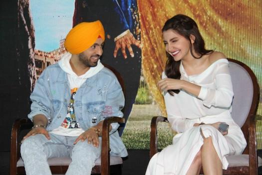 Bollywood actors Diljit Dosanjh and Anushka Sharma spotted during the press conference of the film Phillauri in Mumbai on March 15, 2017.