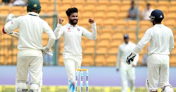 Fast bowler Umesh Yadav also bowled well for figures of 3/106 while star off-spinner Ravichandran Ashwin also bagged a wicket. Skipper Steven Smith played a captain's innings for Australia and remained unbeaten on 178. He hit 17 boundaries during the 361 balls he faced. India vs Australia,Ravindra Jadeja,Jadeja,Ravindra Jadeja India,Ravindra Jadeja shines,india vs australia test series 2017,india vs australia test series,India vs Australia Test,India vs Australia pics,India vs Australia images,India vs Australia photos