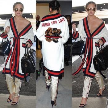 Hollywood actress Chrissy Teigen suffers wardrobe malfunction in Gucci outfit.