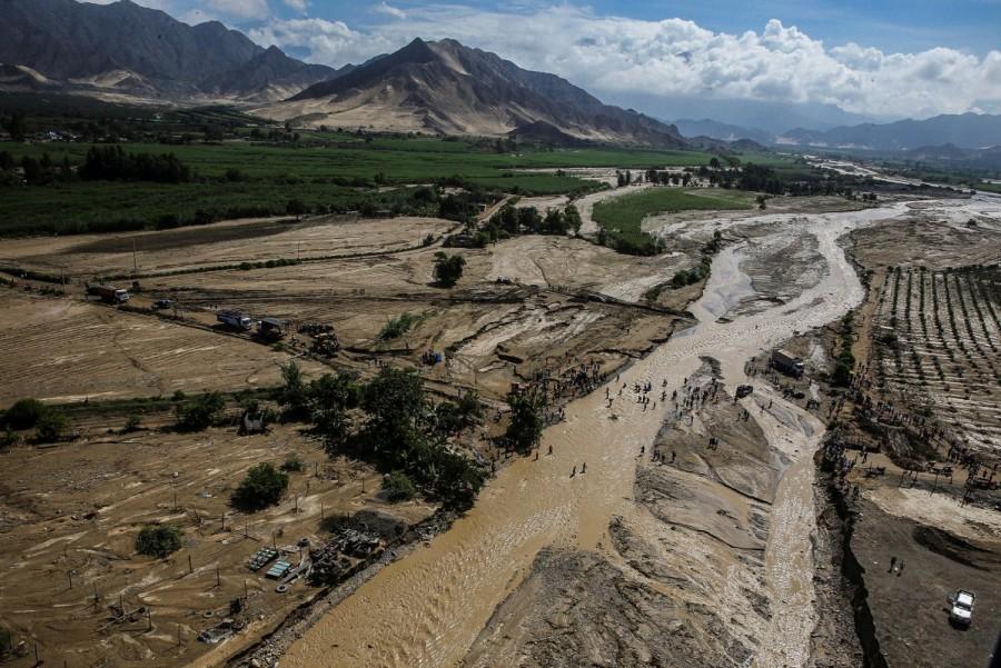 Aerial view from a helicopter as Peru's President Pedro Pablo Kuczynski observes the massive landslide and flood in Trujillo, northern Peru, March 21, 2017. Peru,Peru floods,Peru landslides,Floods,landslides spread havoc in Peru,Floods,landslides in Peru