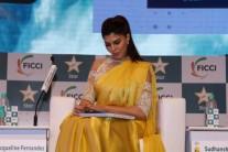 Bollywood actress Jacqueline Fernandez spotted during the session on Censorship Woes: M&E's Battle Against Thousand Cuts at the FICCI Frames 2017 in Mumbai on March 23, 2017.