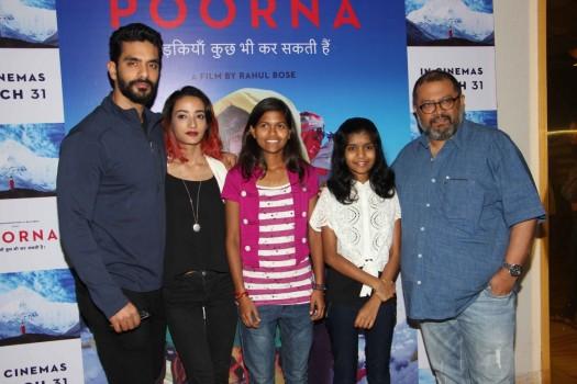 Bollywood filmmaker Sudhir Mishra, mountaineer Poorna Malavath, Bollywood actors Aditi Inamdar, Saurabh Shukla and Rahul Bose during the screening of film Poorna in Mumbai on March 26, 2017.