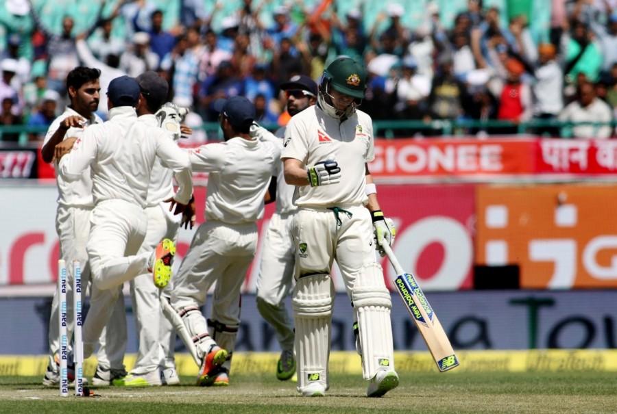 The Indian bowlers rampaged through the Australian batting lineup with pacer Umesh Yadav and the spin duo of Ravichandran Ashwin and Ravindra Jadeja scalpng three wickets each -- medium-pacer Bhuvneshwar Kumar took one wicket. Glenn Maxwell (45 runs off 60 balls) was the highest scorer for the visitors. India need 106 runs,India need 106 runs against Australia,India vs Australia,india vs australia test series 2017,india vs australia test series,India vs Australia 4th Test,india vs australia live,India vs Australia live streaming