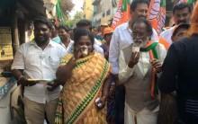 Tamil film music composer and Bhartiya Janta Party (BJP) candidate Gangai Amaran campaign at RK Nagar in Chennai on March 28, 2017. The constituency fell vacant after the death of chief minister J Jayalalithaa in December last year.