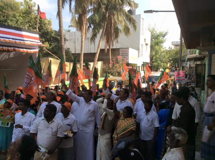 Tamil film music composer and Bhartiya Janta Party (BJP) candidate Gangai Amaran campaign at RK Nagar in Chennai on March 28, 2017. The constituency fell vacant after the death of chief minister J Jayalalithaa in December last year. Gangai Amaran,Gangai Amaran campaign at RK Nagar,Gangai Amaran campaign,RK Nagar,J Jayalalithaa,Jayalalithaa,BJP