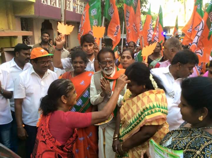 Tamil film music composer and Bhartiya Janta Party (BJP) candidate Gangai Amaran campaign at RK Nagar in Chennai on March 28, 2017. The constituency fell vacant after the death of chief minister J Jayalalithaa in December last year. Gangai Amaran,Gangai Amaran campaign at RK Nagar,Gangai Amaran campaign,RK Nagar,J Jayalalithaa,Jayalalithaa,BJP
