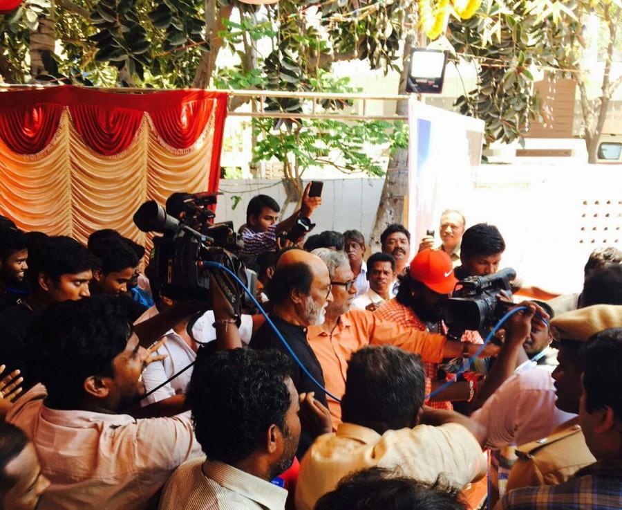Superstar Rajinikanth spotted at Nadigar Sangam new building's foundation laying ceremony. Rajinikanth,Superstar Rajinikanth,Nadigar Sangam foundation,Nadigar Sangam new building,Nadigar Sangam,Rajinikanth at Nadigar Sangam foundation