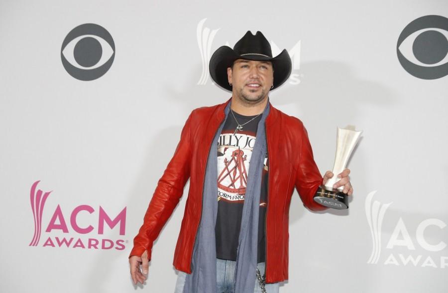 Singer Jason Aldean poses backstage with his Entertainer of the Year award. Brian Kelley,Jason Aldean,Miranda Lambert,ACM Awards 2017 winners,ACM Awards 2017,ACM Awards winners,ACM Awards,Academy of Country Music,Academy of Country Music winners,Academy of Country Music 2017