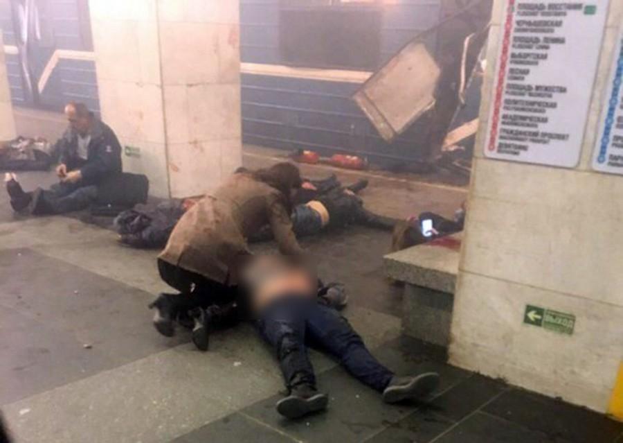 St. Petersburg: April 3, 2017 (Xinhua) The photo taken on April 3, 2017 shows the blast site at a metro station in St. Petersburg, Russia. At least 10 people were killed, 50 injured and 7 stations were shut down after blasts. St Petersburg,St Petersburg blast,St Petersburg metro railway blasts,St Petersburg explosions,Russia St Petersburg train blasts injured,metro blast,Russian city of St Petersburg