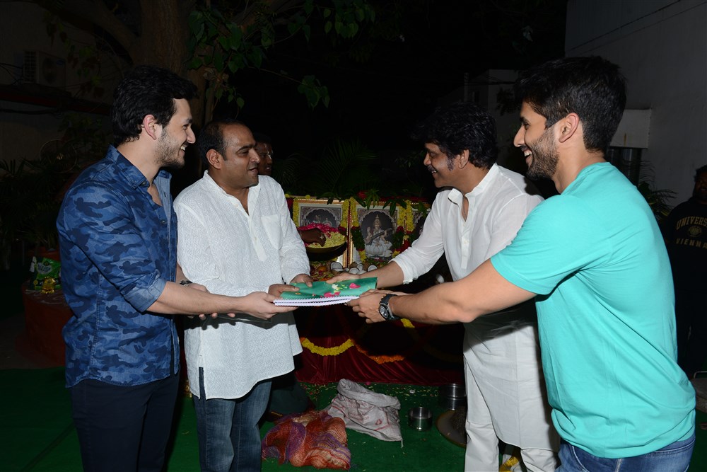 Akhil Akkineni, Vikram K Kumar, Nagarjuna Film Opening held at Hyderabad. Amala, Naga Chaitanya, K Raghavendra Rao and others graced the event. Akhil Akkineni,Vikram K Kumar,Nagarjuna,Amala,Naga Chaitanya,K Raghavendra Rao