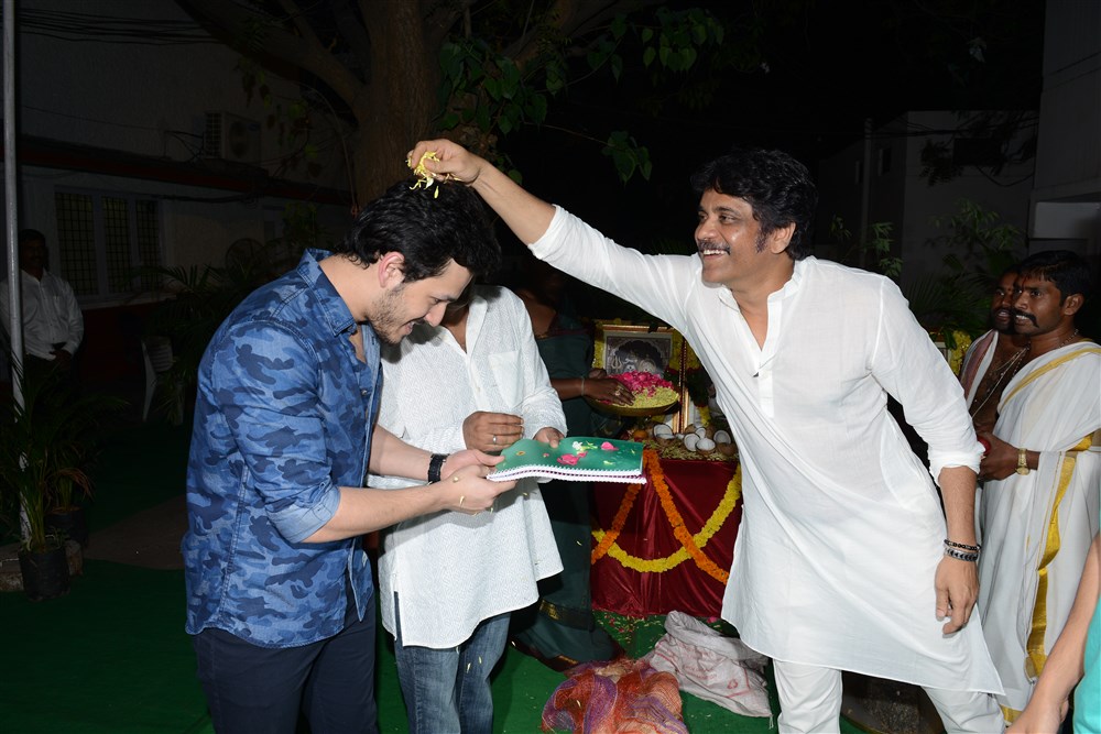 Akhil Akkineni, Vikram K Kumar, Nagarjuna Film Opening held at Hyderabad. Amala, Naga Chaitanya, K Raghavendra Rao and others graced the event. Akhil Akkineni,Vikram K Kumar,Nagarjuna,Amala,Naga Chaitanya,K Raghavendra Rao