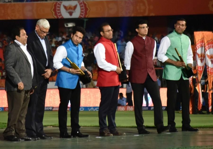 Cricket Association of Bengal President Sourav Ganguly with Sachin Tendulkar, V. V. S. Laxman and Virender Sehwag mentors of Mumbai Indians, Sunrisers Hyderabad and Kings XI Punjab respectively during the opening ceremony of IPL 2017 at Rajiv Gandhi International Stadium in Hyderabad on April 5, 2017. Sourav Ganguly,Sachin Tendulkar,V. V. S. Laxman,Virender Sehwag,IPL 2017 Opening Ceremony,IPL Opening Ceremony,IPL 2017 Opening Ceremony pics,IPL 2017 Opening Ceremony images,IPL 2017 Opening Ceremony stills,IPL 2017 Opening Ceremony pictures,IPL 2017 Ope
