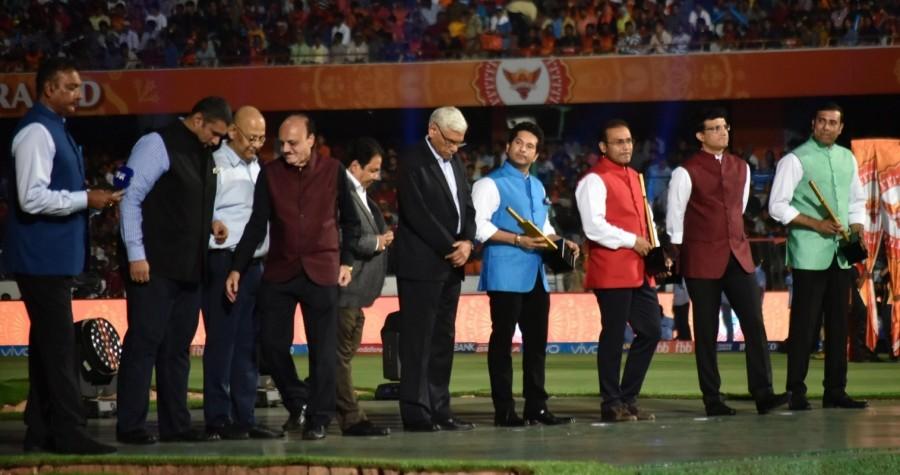 Cricket Association of Bengal President Sourav Ganguly with Sachin Tendulkar, V. V. S. Laxman and Virender Sehwag mentors of Mumbai Indians, Sunrisers Hyderabad and Kings XI Punjab respectively during the opening ceremony of IPL 2017 at Rajiv Gandhi International Stadium in Hyderabad on April 5, 2017. Sourav Ganguly,Sachin Tendulkar,V. V. S. Laxman,Virender Sehwag,IPL 2017 Opening Ceremony,IPL Opening Ceremony,IPL 2017 Opening Ceremony pics,IPL 2017 Opening Ceremony images,IPL 2017 Opening Ceremony stills,IPL 2017 Opening Ceremony pictures,IPL 2017 Ope